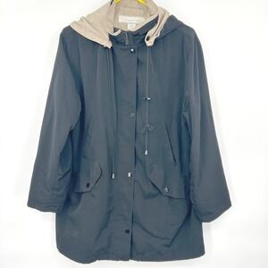 1 Madison Womens Parka Jacket Large Black Tan Hooded Zip Snap Utility Classic